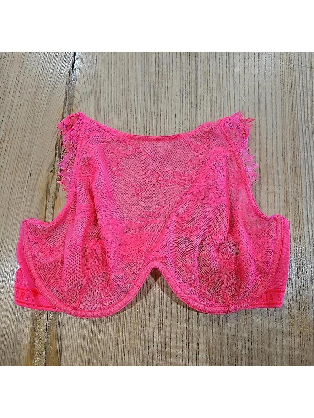 Victoria’s Secret Bra Size 34DD Underwire No Padding High Neck Lace Neon Pink